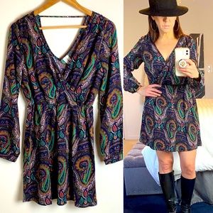 V-neck Long Sleeve Paisley Navy Multicolor Dress, S